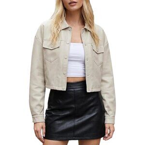 Women Faux Leather Cropped Jacket Trendy Moto Biker Short Jacket PU Jacket Beige